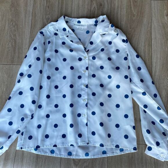 Retro White & Blue Women's Medium Polka Dot Blouse Semi Sheer Twee Vintage 80's - Picture 3 of 7